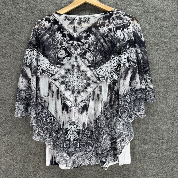 World Unity Blouse Women M Medium Black Geometric 3/4 Sleeve Round Neck Lined - Picture 2 of 9